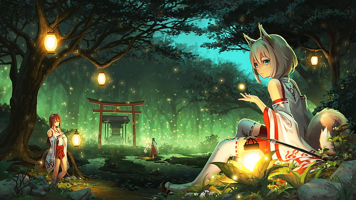 fireflies, anime girls, forest, kimono, cat ears, HD wallpaper