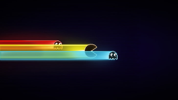 Pac-man and Ghosts wallpaper, blue, Pacman, GameBoy, old games, black, minimalism, video games, HD wallpaper