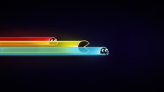 Pac-Man and Ghosts Vektorgrafik, blau, Pacman, GameBoy, alte Spiele, schwarz, Minimalismus, Videospiele, HD-Hintergrundbild HD wallpaper