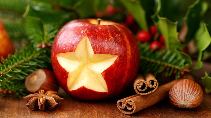 red apple fruit and two cinnamon sticks, apple, cinnamon, cut, HD wallpaper