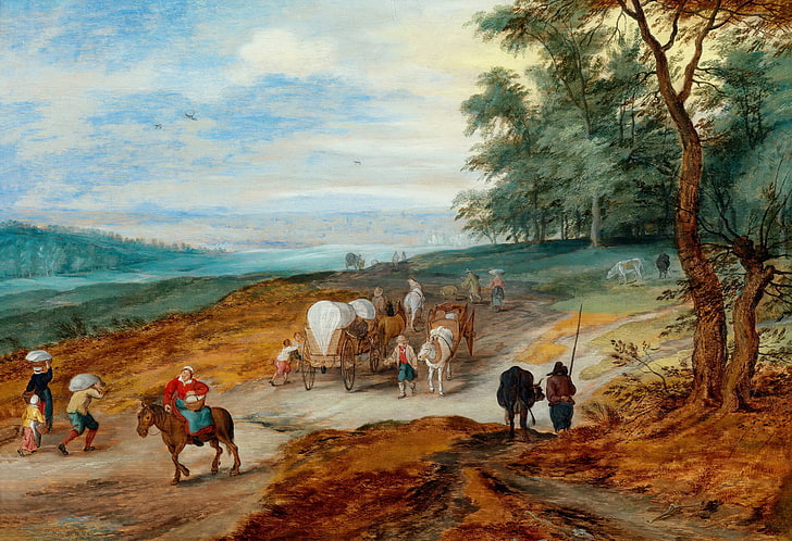 people, picture, wagon, A landscape with Travelers, Jan Brueghel the younger, HD wallpaper