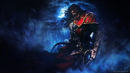 czerwony i szary człowiek w kolorze gry malowanie postaci, Castlevania, Castlevania: Lords of Shadow, gry wideo, fantasy art, Gabriel Belmont, noc, dym, zbroja, grafika, Tapety HD HD wallpaper