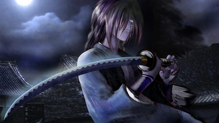 miecz, noc, Himura Kenshin, katana, Rurouni Kenshin, Samurai X, anime, Tapety HD