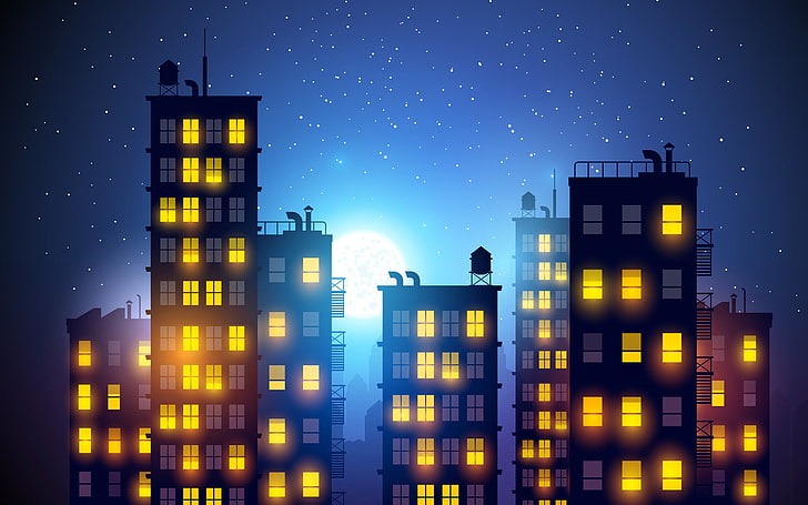 high-rise building silhouette wallpaper, the sky, light, night, the city, the moon, romance, figure, the building, Windows, home, stars, skyscrapers, widescreen Wallpaper for your desktop, widescreen wallpapers, interesting pictures, interesting Wallpaper, HD wallpaper