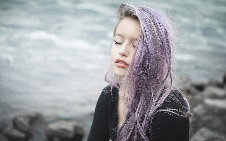 wanita, rambut dicat, rambut ungu, mata tertutup, Wallpaper HD