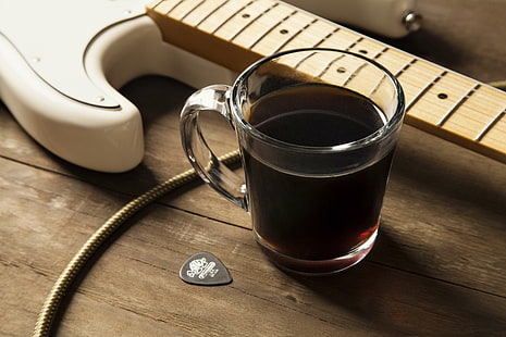 afternoon, black, brown, caf, coffee, electric guitar, fender, glass, guitar, instrument, morning, mug, music, soft, stratocaster, HD wallpaper HD wallpaper