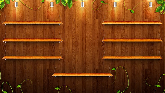 estante de madera marrón, verdes, lámpara, árbol, textura, estantes, Fondo de pantalla HD HD wallpaper