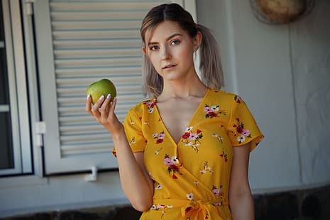 menina, pose, maçã, vestido, caudas, Eva Elfie, HD papel de parede HD wallpaper