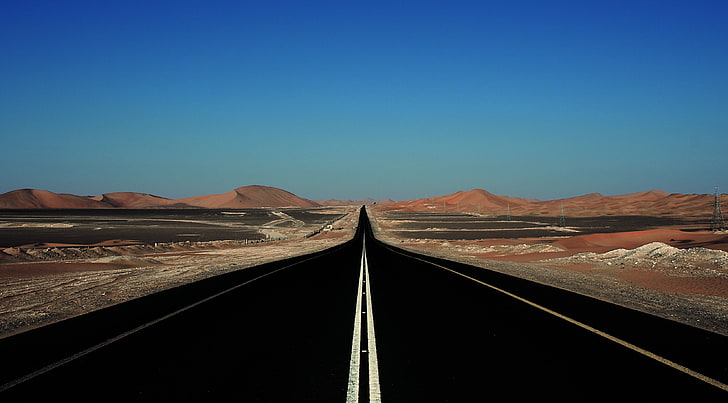 Death Valley di siang hari, jalan, langit, langit cerah, gurun, tiang listrik, minimalis, Wallpaper HD