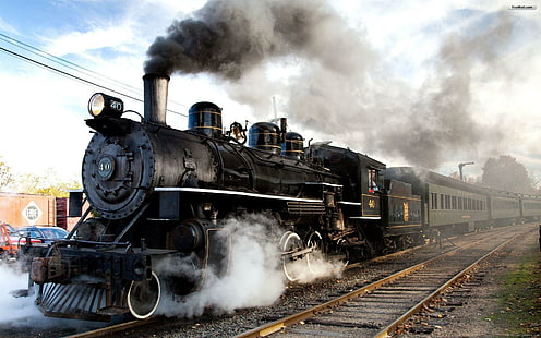 古い蒸気機関、黒い電車、電車、エンジン、輸送、ヴィンテージ、 HDデスクトップの壁紙 HD wallpaper