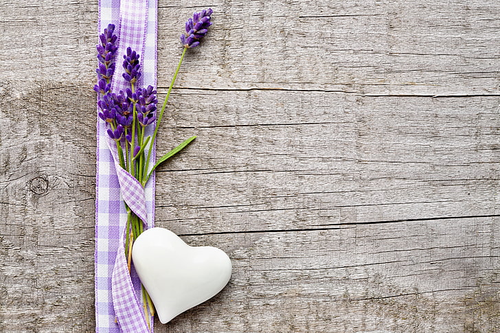 lavender flowers, table, tape, heart, lavender, HD wallpaper