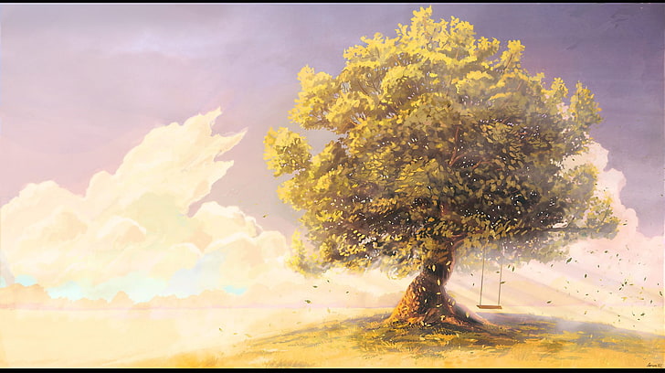 zielone drzewo liściaste malowanie, drzewa, grafika, malarstwo, Tapety HD