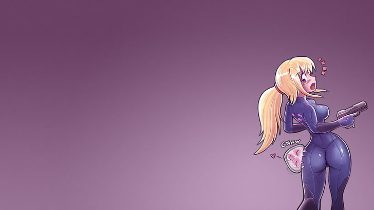 personnage d'anime blonde aux cheveux vêtu de costume papier peint, Samus Aran, Metroid, jeux vidéo, Body, fond violet, violet, Fond d'écran HD
