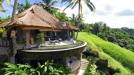 djungel, ubud, tillflykt, Bali, Indonesien, träd, palmträd, terrass, fritid, villa, hus, hacienda, landskap, HD tapet HD wallpaper