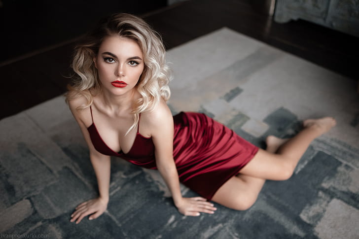 Ivan Proskurin, vestido, rubia, piernas, lápiz labial rojo, mujer, modelo, Oktyabrina Maximova, Fondo de pantalla HD