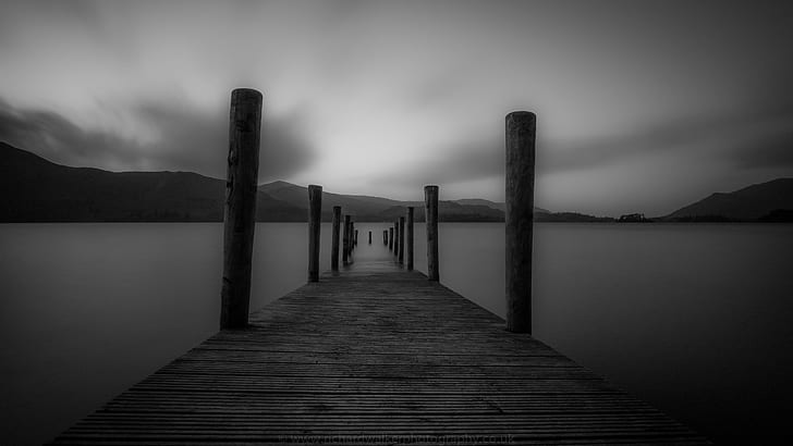 grayscale of docking pier, derwent water, derwent water, lake, nature, pier, jetty, water, landscape, outdoors, wood - Material, sea, tranquil Scene, black And White, HD wallpaper