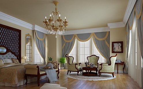 Złoty żyrandol uplight, wnętrze, projekt, styl, pokój, sypialnia, meble, łóżko, krzesło, Tapety HD HD wallpaper