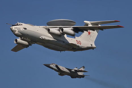 два серых моноплана, полет, истребитель, самолет, А-50, АВАКС, двухместный, перехватчик, МиГ-31, дальний, обнаружение, радар, HD обои HD wallpaper