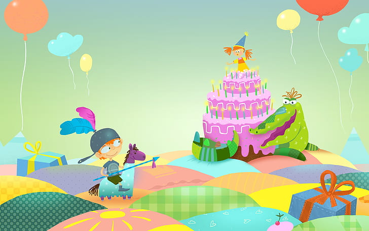 fantasy, birthday, holiday, gift, the game, vector, ball, boy, art, girl, cake, Princess, children's, HD wallpaper