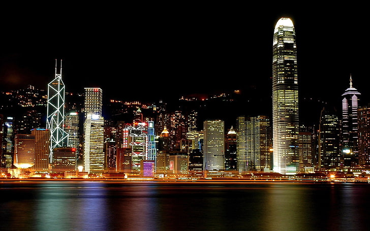 paisaje urbano, Hong Kong, noche, China, Fondo de pantalla HD