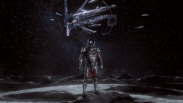 Fondo de pantalla digital de hombre en la luna, Ryder, Mass Effect: Andromeda, Moon, Hyperion, 4K, Fondo de pantalla HD