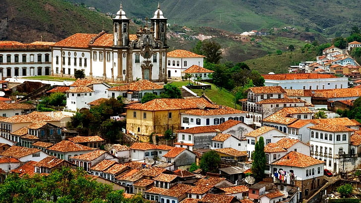 Church In Ouro Preto Brazil, town, hills, church, mountains, nature and landscapes, HD wallpaper