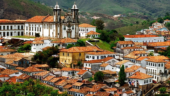 Церковь в Ору-Прету, Бразилия, город, холмы, церковь, горы, природа и пейзажи, HD обои HD wallpaper