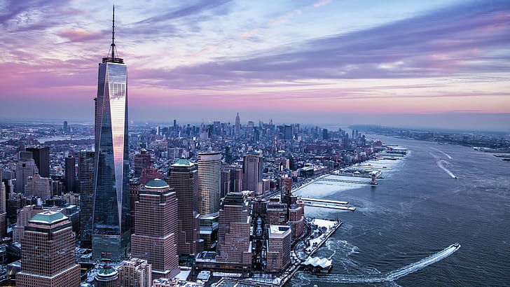 miasto, dom Tower, Hudson River, Manhattan, Nowy Jork, One World Trade Center, rzeka, USA, zima, Tapety HD
