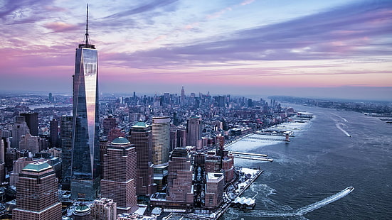 град, кула dom, река Хъдсън, Манхатън, Ню Йорк, One World Trade Center, река, САЩ, зима, HD тапет HD wallpaper