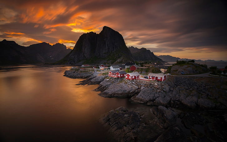 Noruega, cielo, nubes, puesta de sol, mar, montaña, pueblo, casa, Noruega, cielo, nubes, puesta de sol, mar, montaña, pueblo, casa, Fondo de pantalla HD