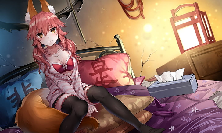Fate Series, Fate/Extra, Animal Ears, Anime, Bed, Blush, Caster (Fate/Extra), Girl, Lamp, Long Hair, Necklace, Pillow, Pink Hair, Sitting, Skirt, Smile, Sweater, Tail, Tamamo no Mae, Thigh Highs, Yellow Eyes, HD wallpaper