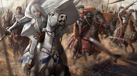 gruppo di persone a cavallo illustrazione, Berserk, battaglia, Black Swordsman, Guts, Griffith, Casca, Sfondo HD HD wallpaper