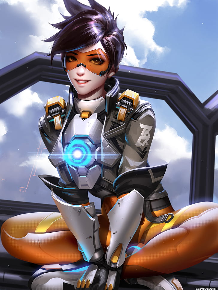 Tracer (Overwatch), Overwatch, video games, video game girls, fantasy girl, brunette, short hair, looking at viewer, freckles, goggles, smiling, armor, glowing, jacket, arm warmers, leggings, sitting, legs crossed, gloves, sky, clouds, portrait display, vertical, video game characters, artwork, drawing, digital art, illustration, fan art, Liang Xing, Liang-Xing, HD wallpaper