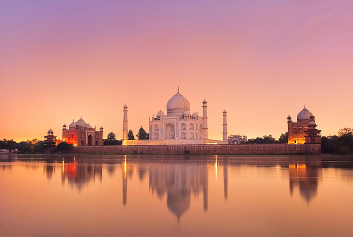 Taj Mahal India selama jam emas, Taj Mahal, sungai Yamuna, Agra, India, HD, 4K, Wallpaper HD