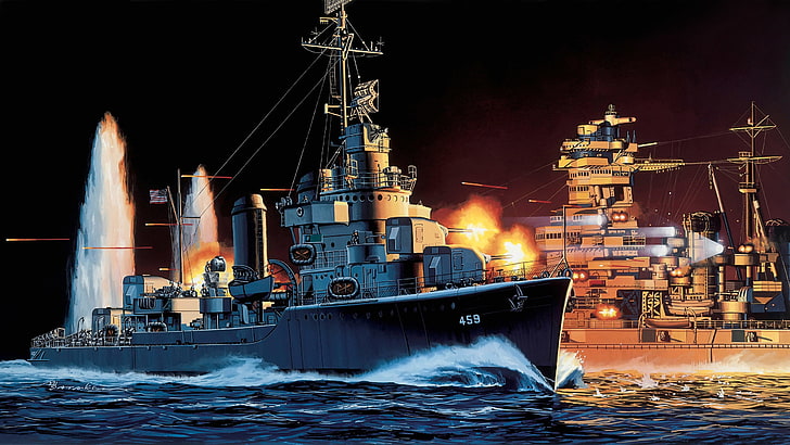 серый и черный круизный корабль, острова, корабль, корабли, битва, искусство, флот, американский, военный, японский, эсминец, WW2., линейный, тип, Гуадалканал, 1942 г., около, 13 ноября, Хиеи, Бенсон, Лаффи, ДД-459, HD обои