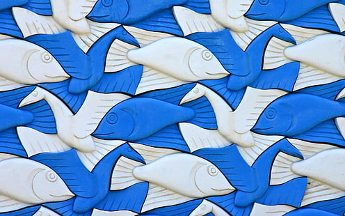 dekorasi dinding dan burung ikan putih dan biru, karya seni, M. C. Escher, hewan, 3D, burung, ikan, plastik, putih, biru, Wallpaper HD HD wallpaper