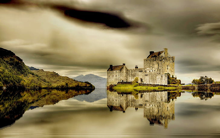 Majestätiskt landskap, slott, Eilean Donan, Skottland, grå dag, stad, natur och landskap, HD tapet
