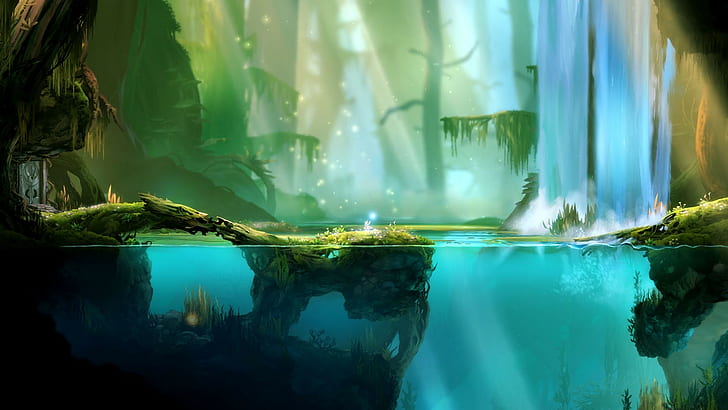 anime arte digital videogame água árvores subaquática luz solar rocha névoa fantasia arte pântano vista dividida raízes floresta ori e a floresta cega cachoeira, HD papel de parede