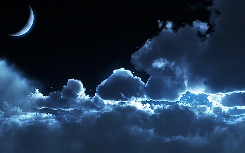 white crescent moon, clouds, night, moonlight, moonrise, HD wallpaper HD wallpaper