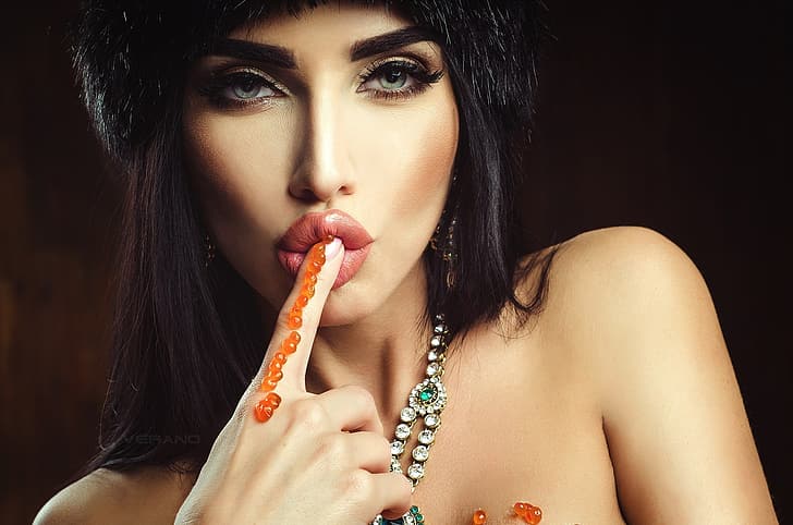 girl, portrait, finger, lips, caviar, Nikolas Verano, Marianne Markina, HD wallpaper
