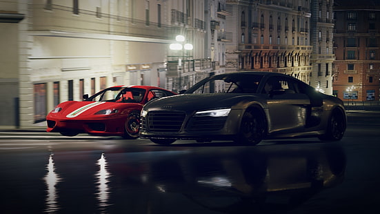 två röd-vita och svarta sportbilar, Audi R8, Audi, Forza Horizon 2, videospel, Ferrari Challenge Stradale, Ferrari, bil, svarta bilar, röda bilar, HD tapet HD wallpaper