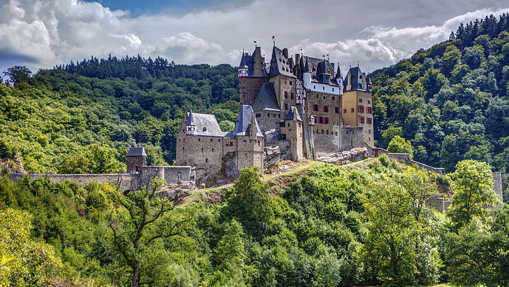 arquitectura, edificio antiguo, castillo, torre, naturaleza, árboles, castillo de Eltz, Alemania, bosque, HDR, nubes, antiguo, paisaje, colinas, Fondo de pantalla HD