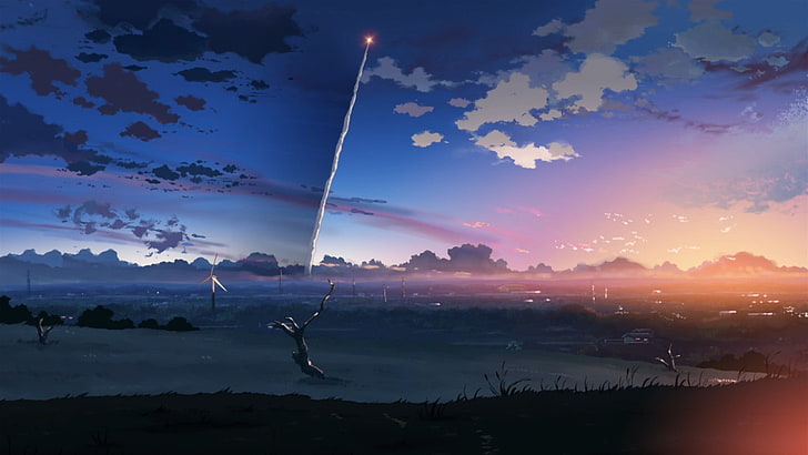 drawing, field, turbines, Makoto Shinkai, anime, contrails, sunlight, 5 Centimeters Per Second, HD wallpaper