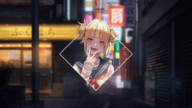 Boku no Hero Academia, Himiko Toga, blonde, My Hero Acadamia, yellow eyes, render in shapes, ponytail, picture-in-picture, anime, sweater, orange eyes, HD wallpaper