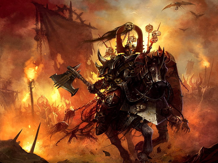 warlord illustration, warrior, Warhammer, knight, chaos, the champion of Khorne, HD wallpaper