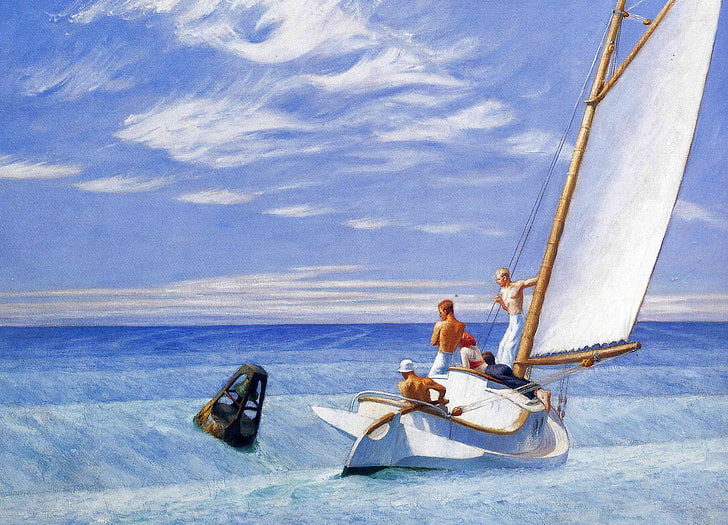 morze, ludzie, łódź, obraz, jacht, żagiel, Edward Hopper, pejzaż morski, Ground Swell, Tapety HD