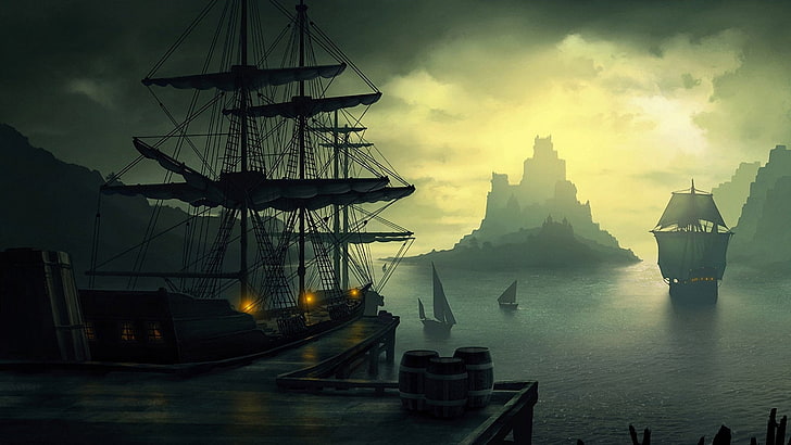 isla, viejo barco, sol, barco, nubes, vela, linterna, barriles, bahía, muelle, Fondo de pantalla HD
