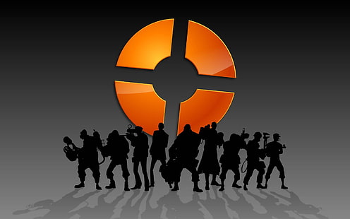 Sylwetka postaci z Team Fortress, gry wideo, Team Fortress 2, Pyro (postać), Pyro (TF2), Demoman, Sniper (TF2), Gruby (postać), Medyk (TF2), Żołnierz (TF2), Inżynier (postać), Inżynier (TF2), Scout (postać), Scout (TF2), Tapety HD HD wallpaper