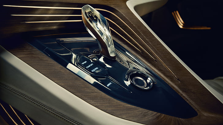 fotografia zbliżeniowa automatycznej dźwigni zmiany biegów pojazdu, BMW Vision Future Luxury, seria 9, sedan, luksusowe samochody, wnętrze, Tapety HD