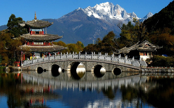 Bridge Asian Reflection Mountain HD, alam, refleksi, jembatan, gunung, asia, Wallpaper HD